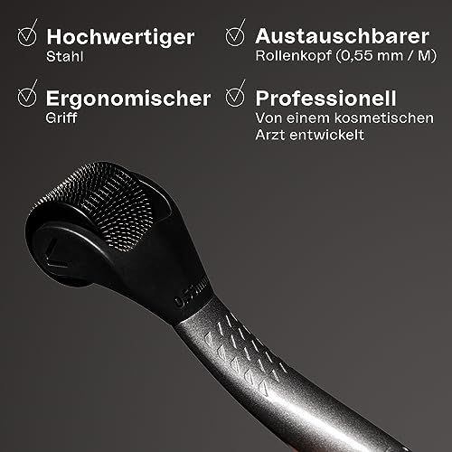Nahaufnahme eines Dermarollers. Hochwertiger Stahl, ergonomischer Griff, austauschbarer Rollkopf.