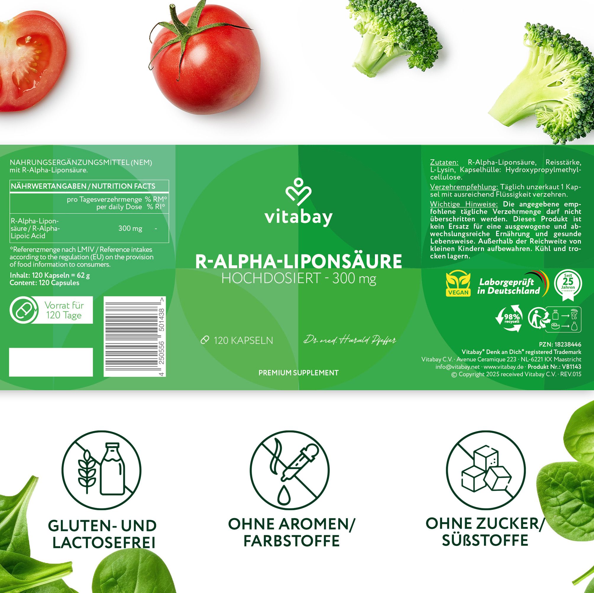 Etikett mit Produktinformationen. Aufschrift: R-Alpha-Liponsäure 300 mg, 120 Kapseln. Marke: Vitabay. Zertifizierung.