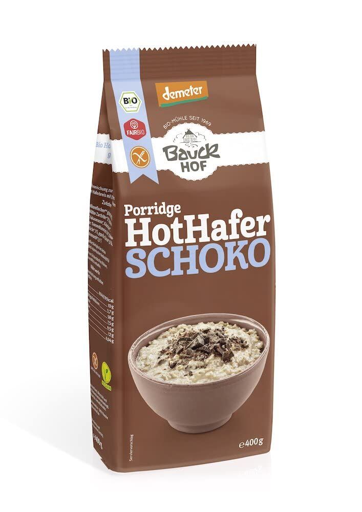 Braune Packung Bauckhof Porridge HotHafer Schoko, 400g, mit Bio- und Fairtrade-Siegeln.