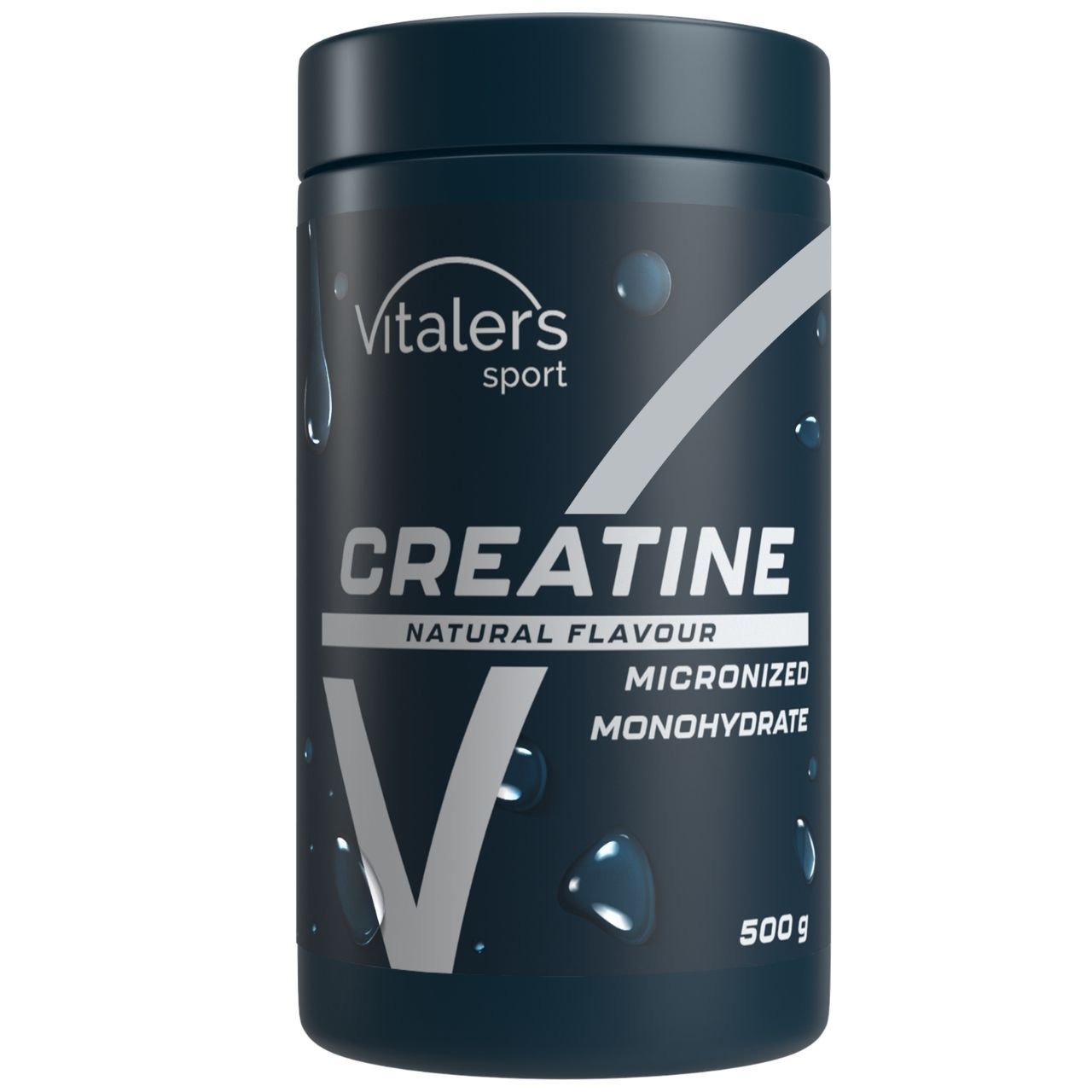 Dunkelblaue Dose mit Vitaler's Sport Kreatin Monohydrat, geschmacksneutral. Enthält 500g.