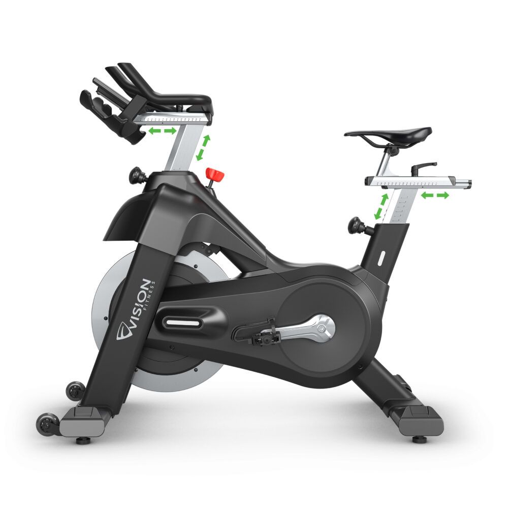 Indoor Cycle mit Pfeilen, die die verstellbaren Teile anzeigen. Sichtbar: Lenker, Sattel und Vision-Logo.