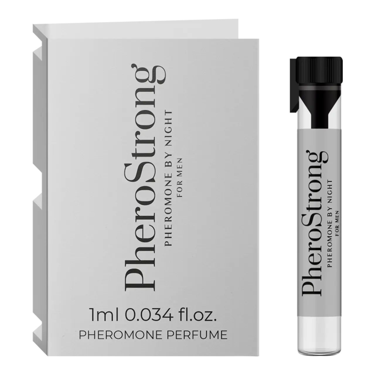 PheroStrong Pheromone By Night für Männer. Flakon und Verpackung. Weißes Etui, transparente Ampulle mit schwarzem Verschluss.