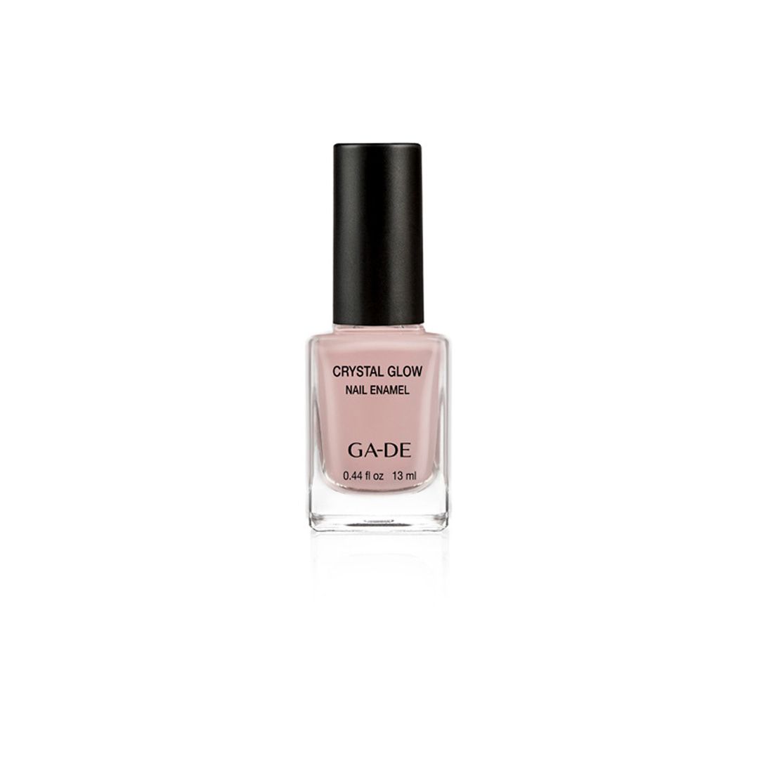 Ga-De Crystal Glow Nagellack. Flasche mit rosafarbenem Lack, schwarzem Deckel. Aufschrift: Crystal Glow, Nail Enamel, GA-DE, 13 ml.