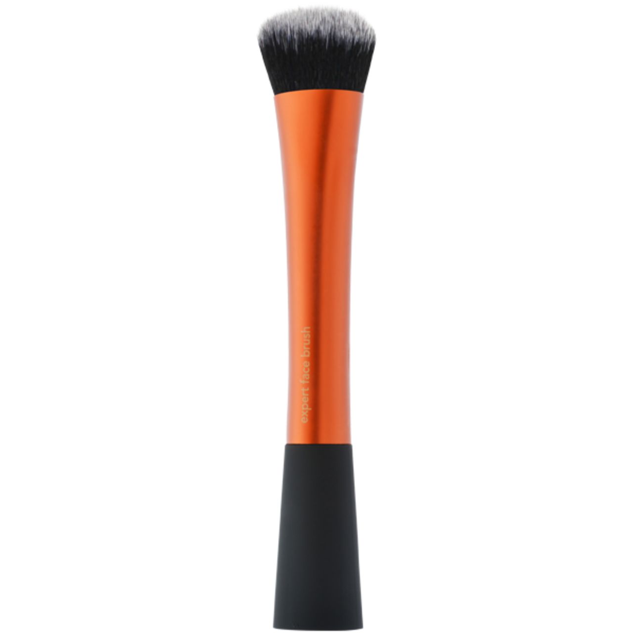 Make-up-Pinsel mit orangefarbenem Griff und schwarzem Pinselkopf. Der Griff ist in der Mitte schmaler.