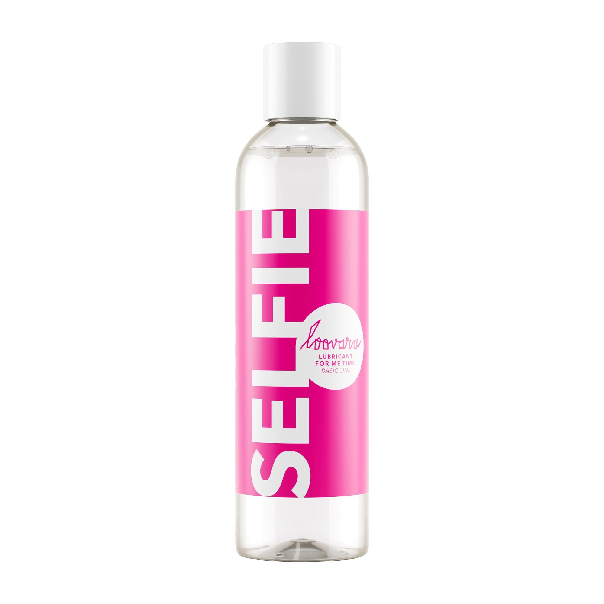 LOOVARA Gleitgel Selfie: Transparente Flasche mit pinkem Etikett und weißem Verschluss.