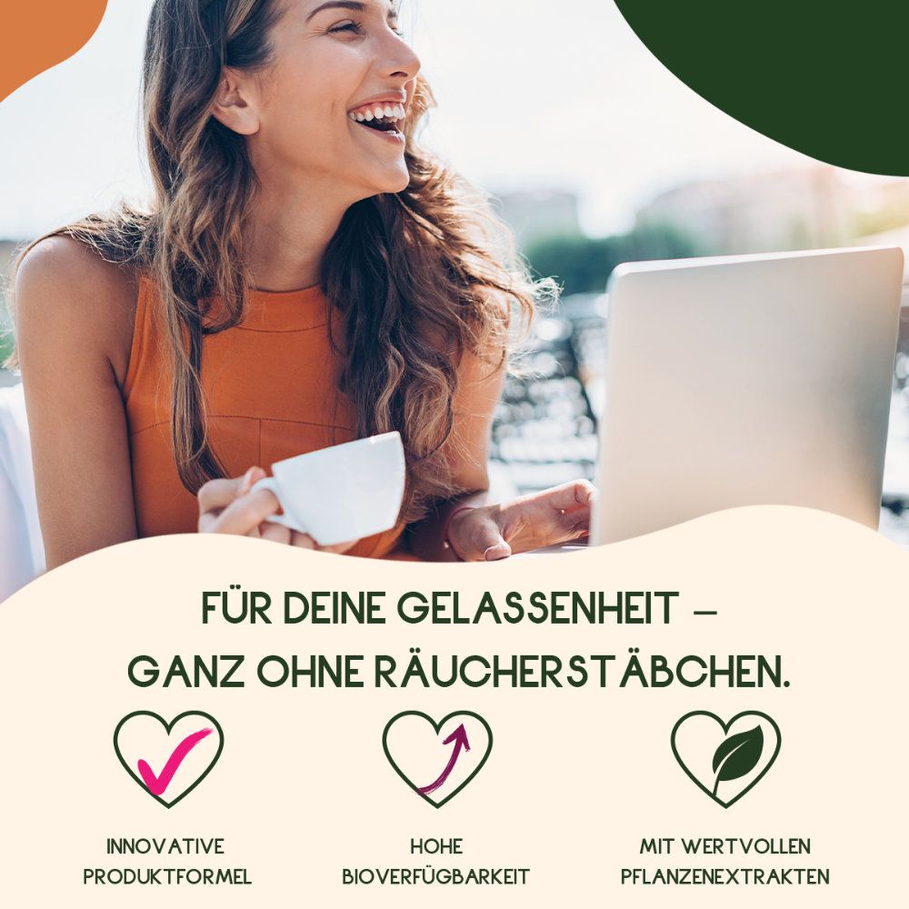 Frau mit Laptop und Tasse. Text: Für deine Gelassenheit - ganz ohne Räucherstäbchen. Innovative Produktformel, hohe Bioverfügbarkeit.