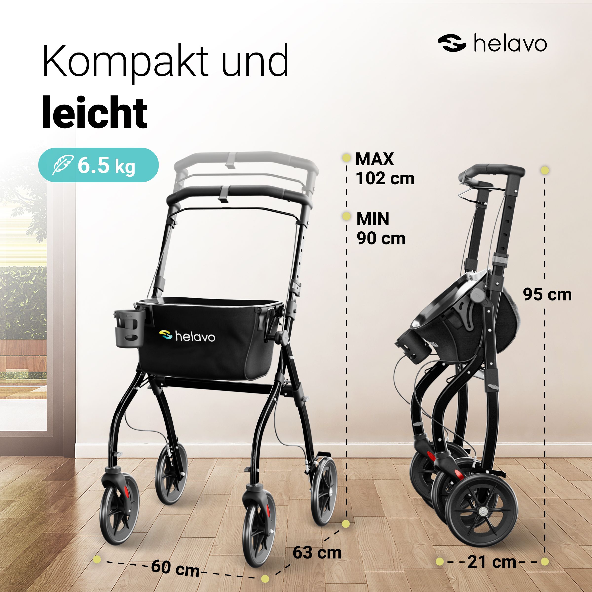 Schmaler Indoor-Rollator, 60 cm breit, faltbar, 6,5 kg, höhenverstellbar 90-102 cm.