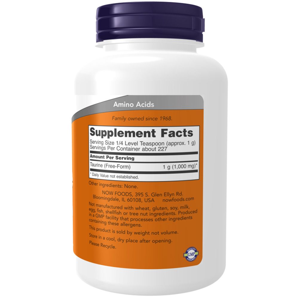 Rückseite der Flasche. Aufschrift: NOW, Aminosäuren, Supplement Facts. Enthält Nährwertangaben und Inhaltsstoffe. Orangefarbener Hintergrund.