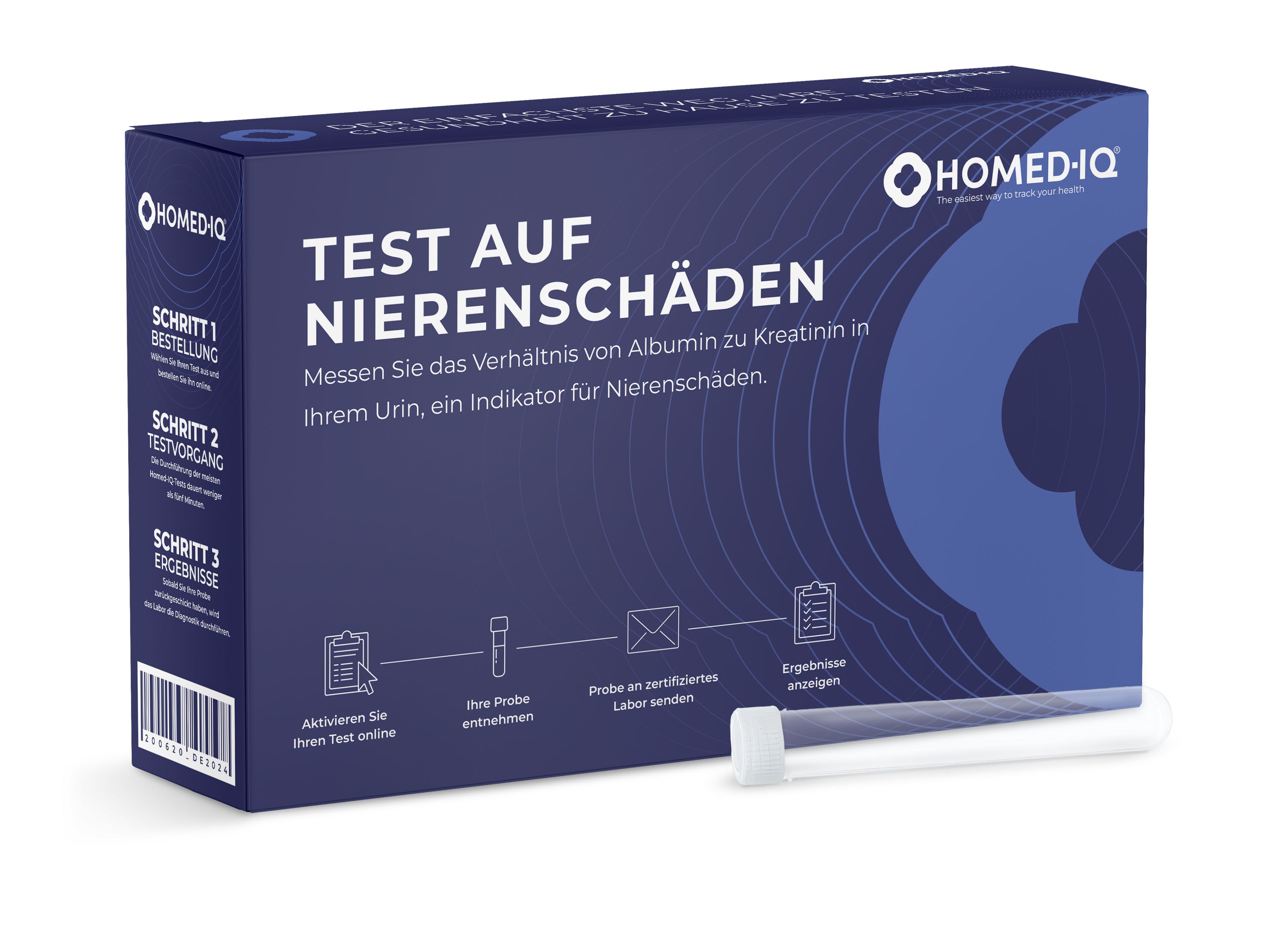 Blau-weiße Verpackung mit "HOMED-IQ" und "Test auf Nierenschäden". Enthält ein Teströhrchen. Text: Schritte zur Anwendung.