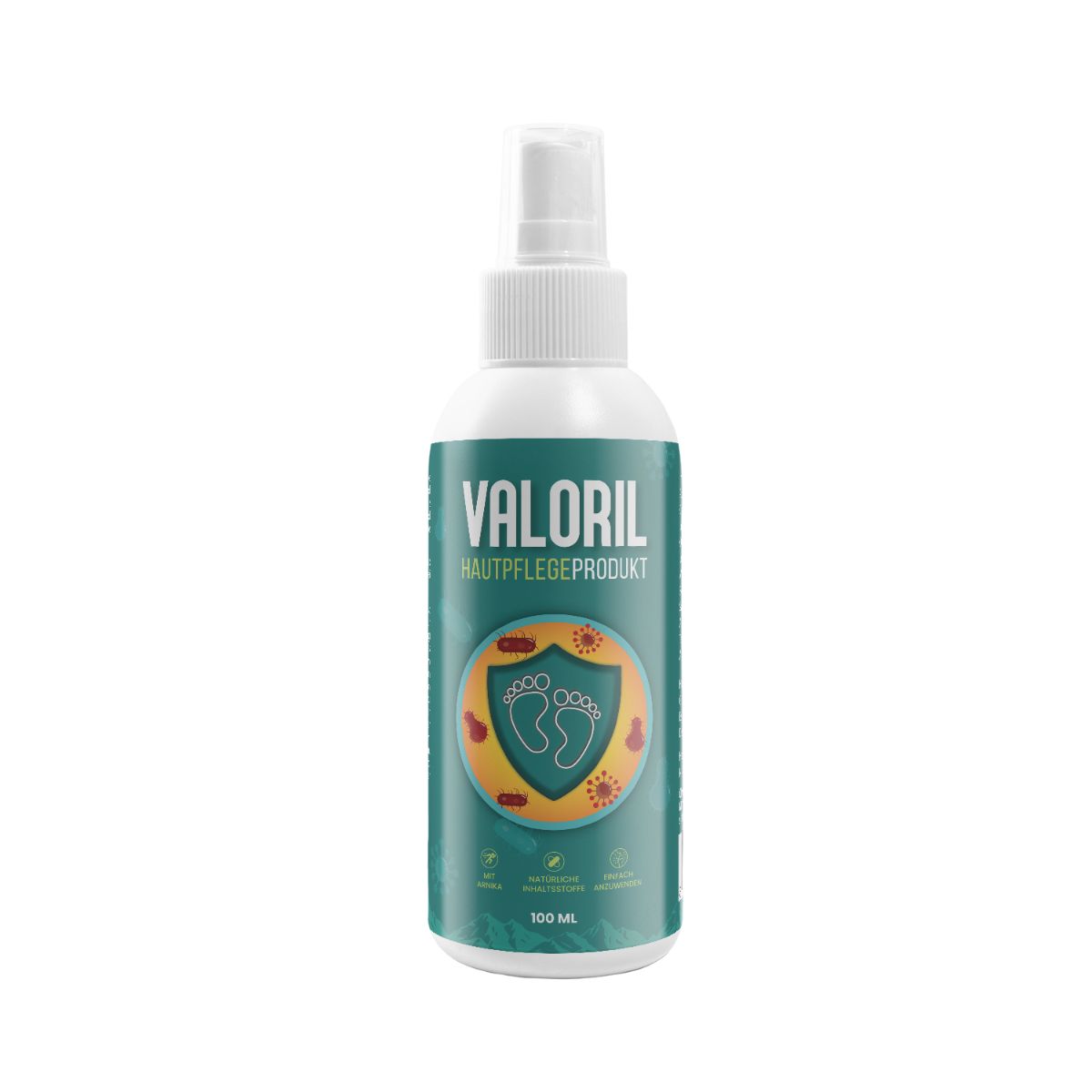 Eine Flasche Valoril Hautpflegeprodukt mit Fußsymbol und Schutzschild-Grafik.