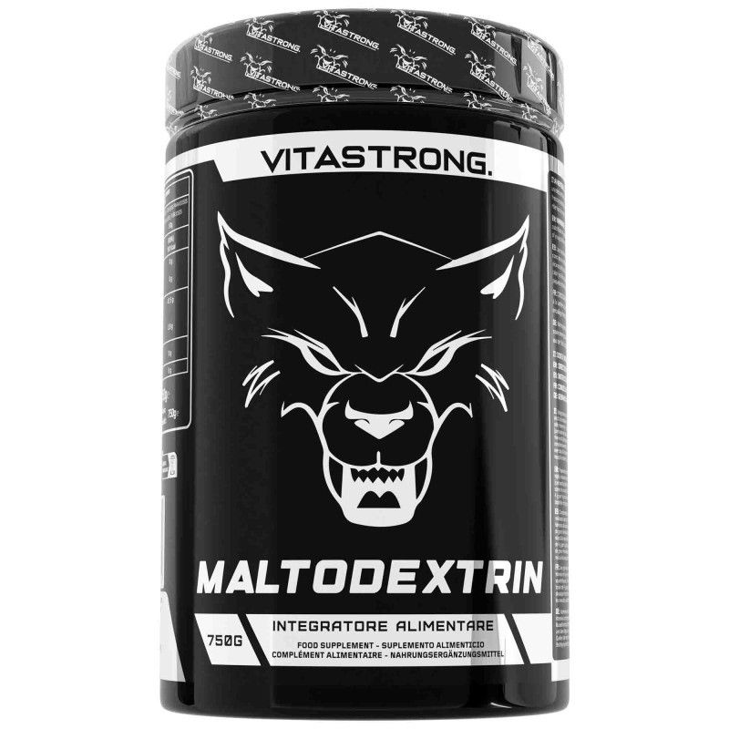 Schwarze Dose mit weißer Aufschrift Vitastrong und Maltodextrin. Wolfskopf-Logo. 750g.