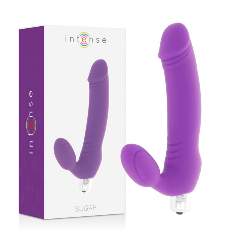 Verpackung mit lila Vibrator. Marke Intense. Produktname Sugar. Produktansicht.