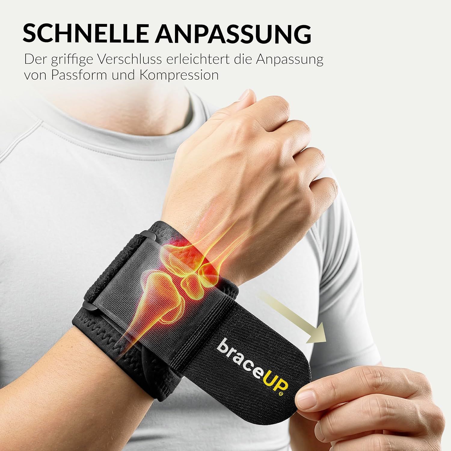 Handgelenkbandage mit Schnürung und Klettverschluss, am Handgelenk getragen.