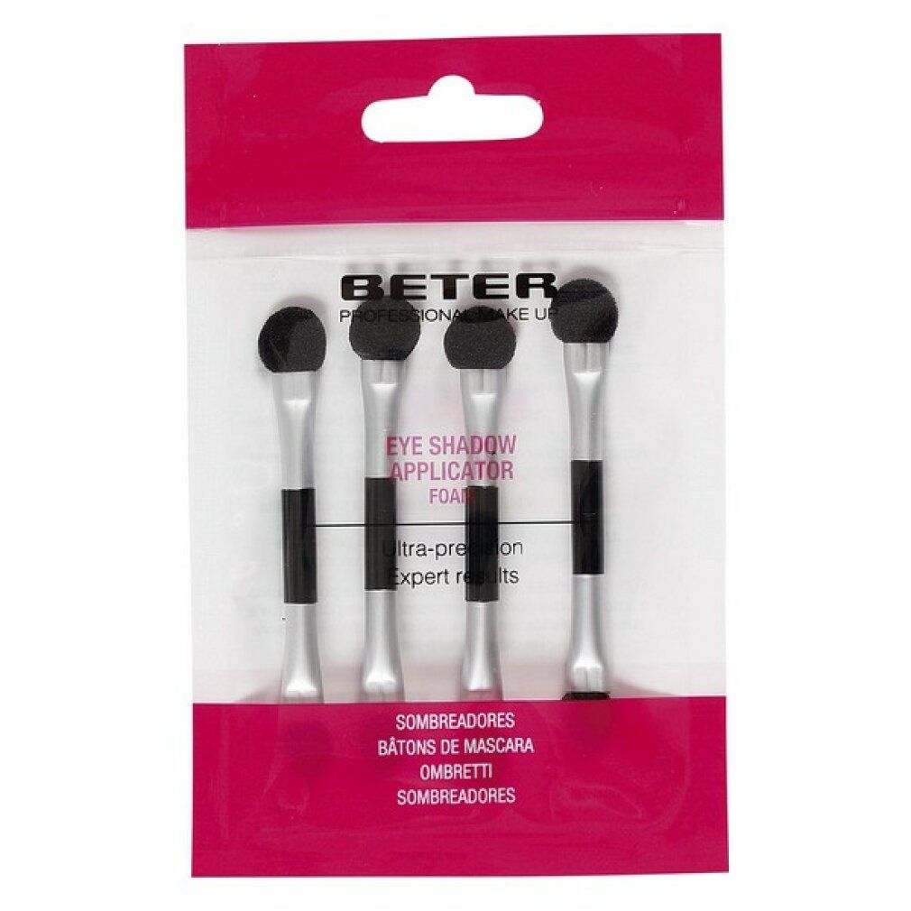 Verpackung mit vier doppelseitigen Applikatoren. Schwarze Schaumstoffspitzen, silberne und schwarze Griffe. Marke Beter.
