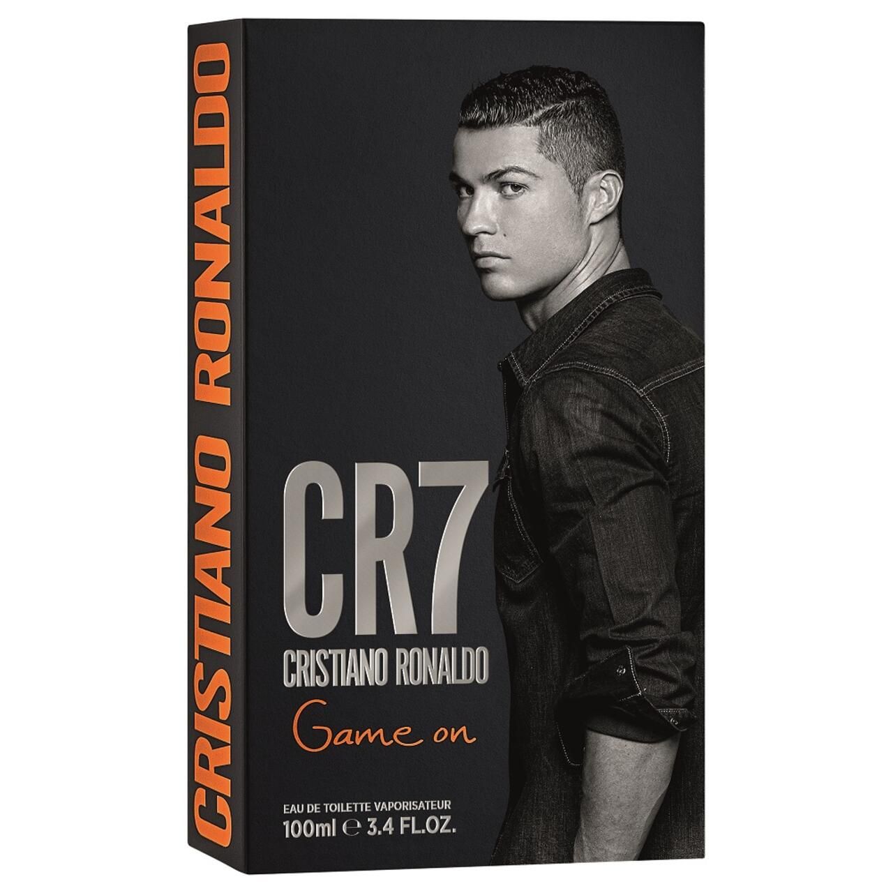 Schwarze Verpackung mit CR7 Cristiano Ronaldo Game On. Auf der Seite steht Cristiano Ronaldo in Orange. Auf der Verpackung ist ein Mann abgebildet.