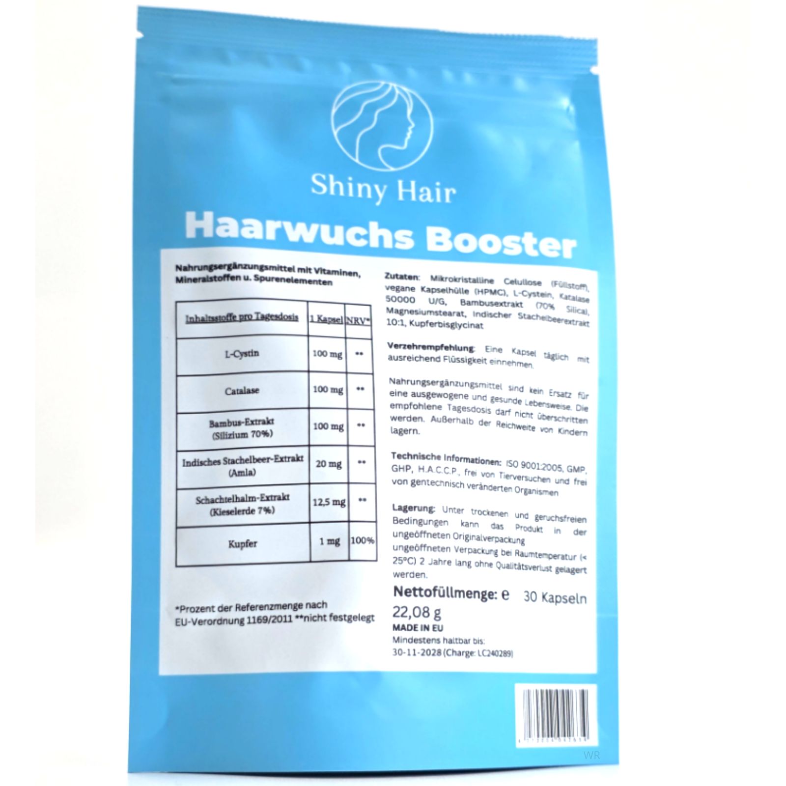 Rückseite der blauen Verpackung Shiny Hair Haarwuchs Booster. Enthält Informationen und Inhaltsstoffe.