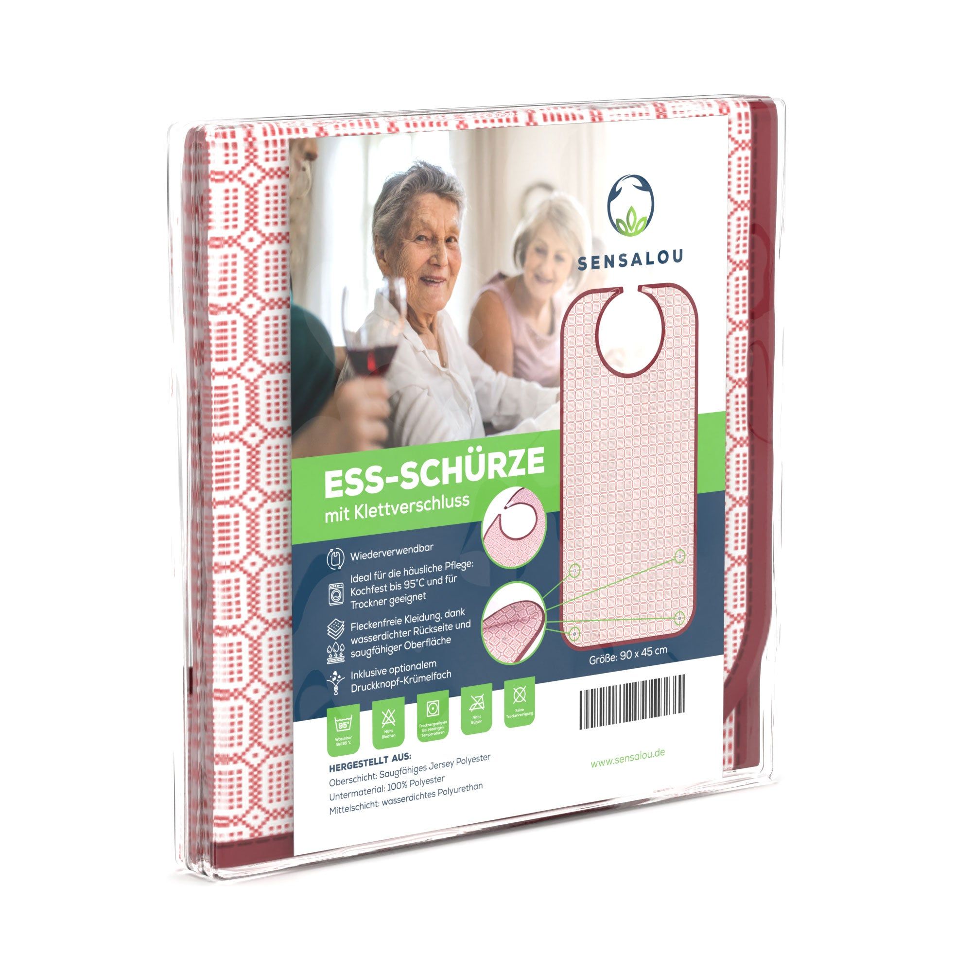 Verpackung mit Ess-Schürze. Aufdruck: Sensalou, Ess-Schürze mit Klettverschluss. Größe 90x45cm. Produktabbildung.