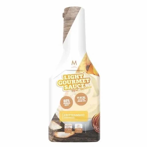 Weiße Flasche mit braunen Akzenten. Aufschrift: Light Gourmet Sauce, Fritenmayo. Angaben zu Fettreduzierung und Kalorien.