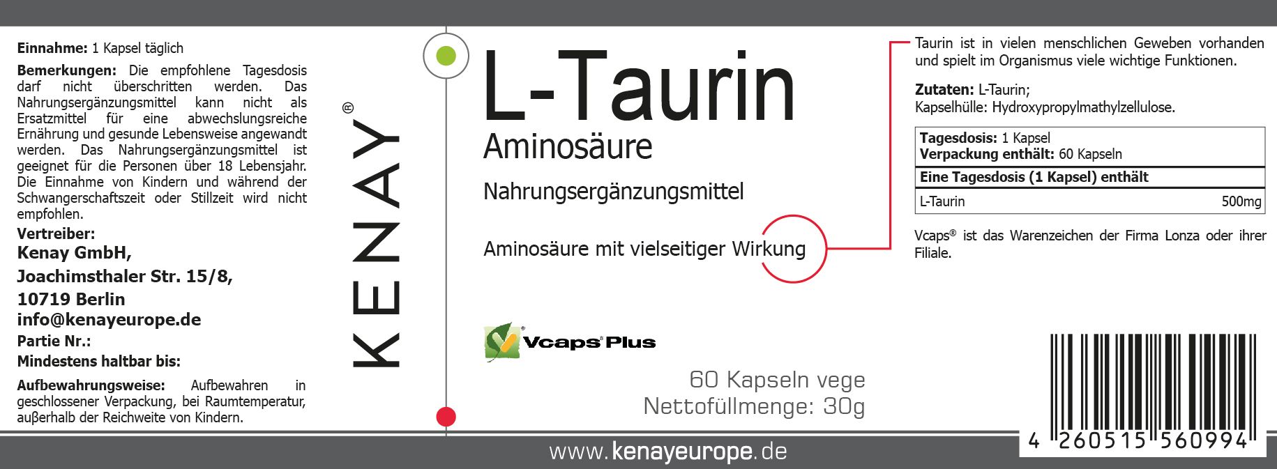 Etikett mit Text: L-Taurin Aminosäure, Nahrungsergänzungsmittel. KENAY-Logo. 60 Kapseln. Barcode.