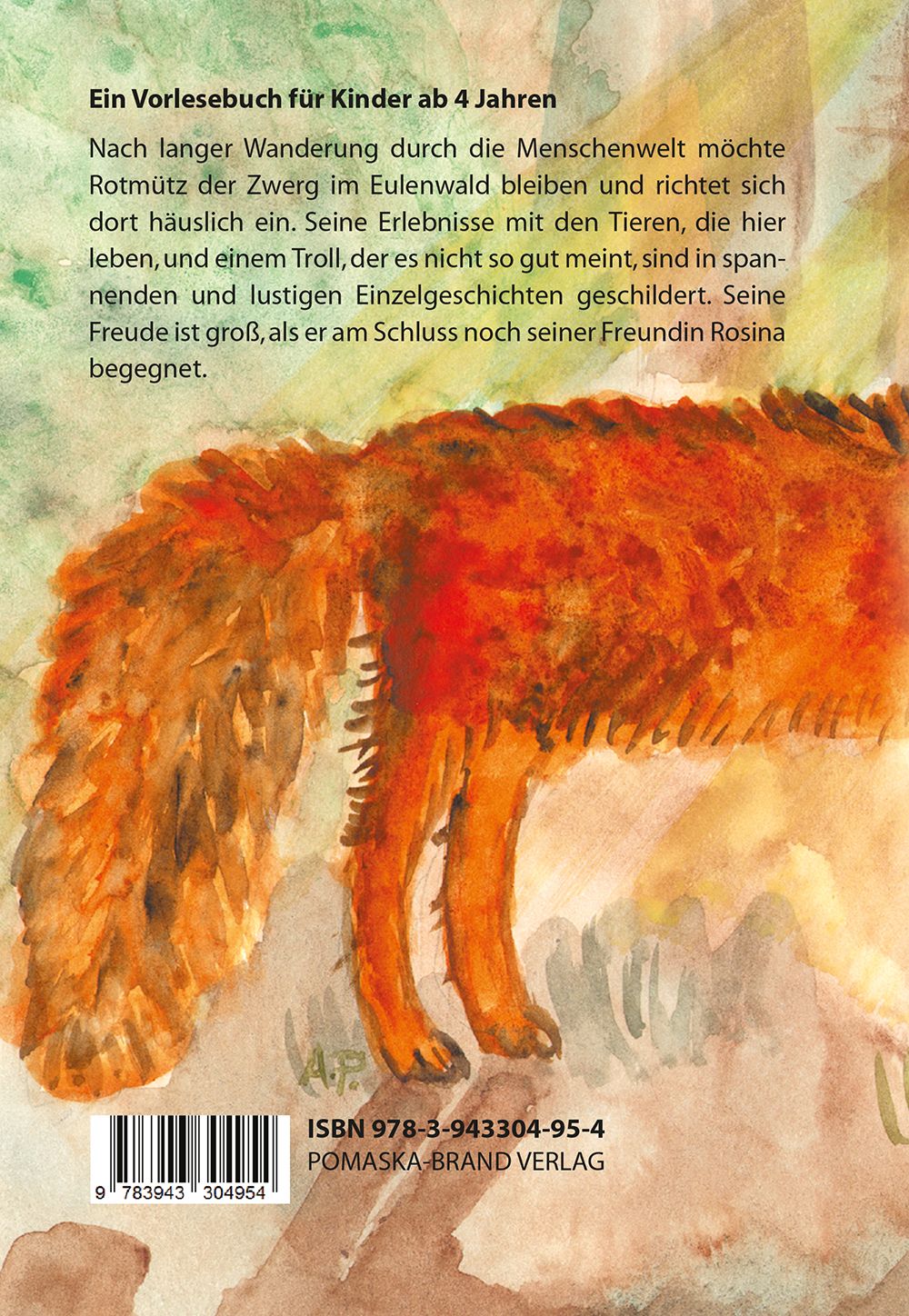 Rückseite des Buches „Rotmütz der Zwerg“. Text und ISBN-Nummer. Illustration eines Fuchses. Verlag: Pomaska-Brand Verlag.