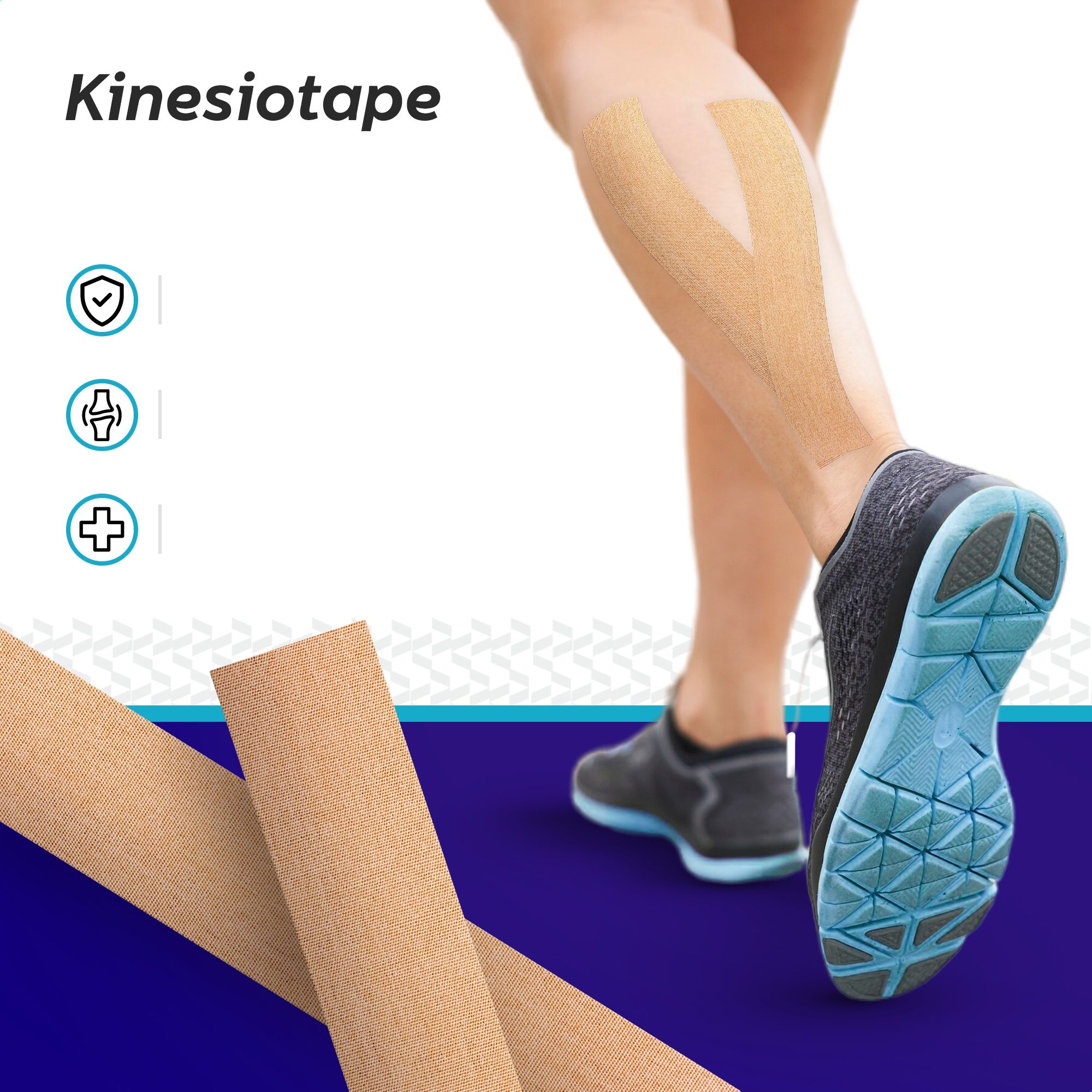 Person mit Kinesiotape am Bein. Zwei Rollen Tape liegen im Vordergrund. Logo und Schriftzug Kinesiotape.