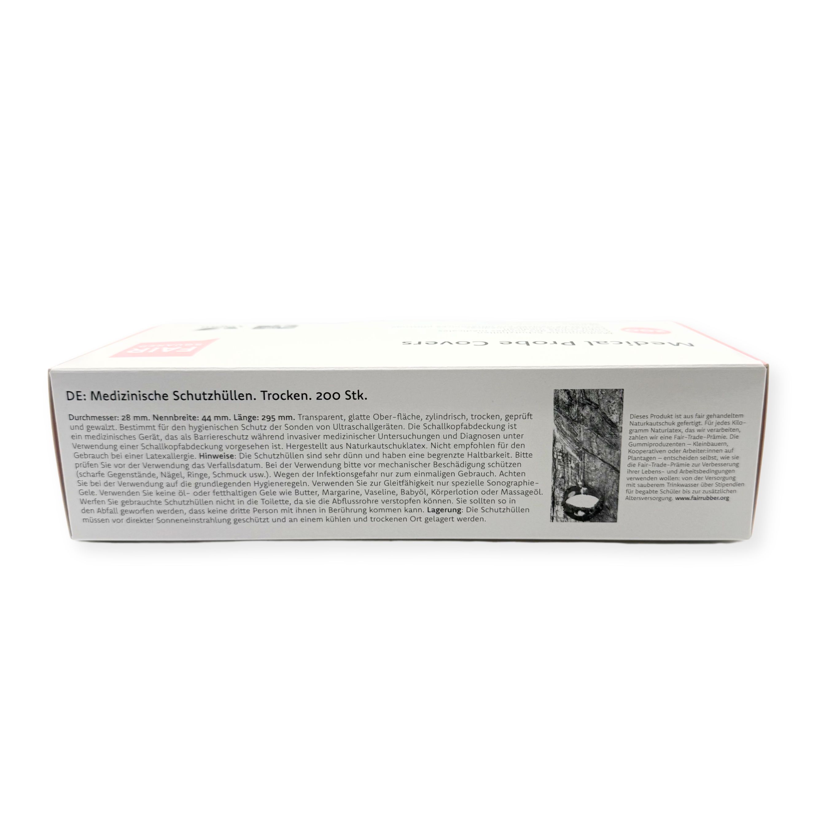 Verpackung "Medical Probe Covers". Text: Medizinische Schutzhüllen. 200 Stk. Produktinformationen auf der Verpackung.