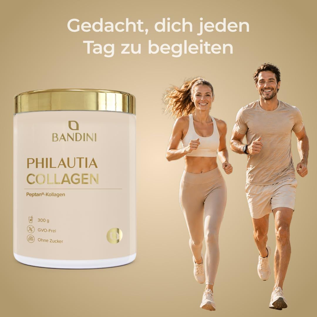 Ein Becher 'BANDINI PHILAUTIA COLLAGEN' mit einem Paar, das im Hintergrund joggt.