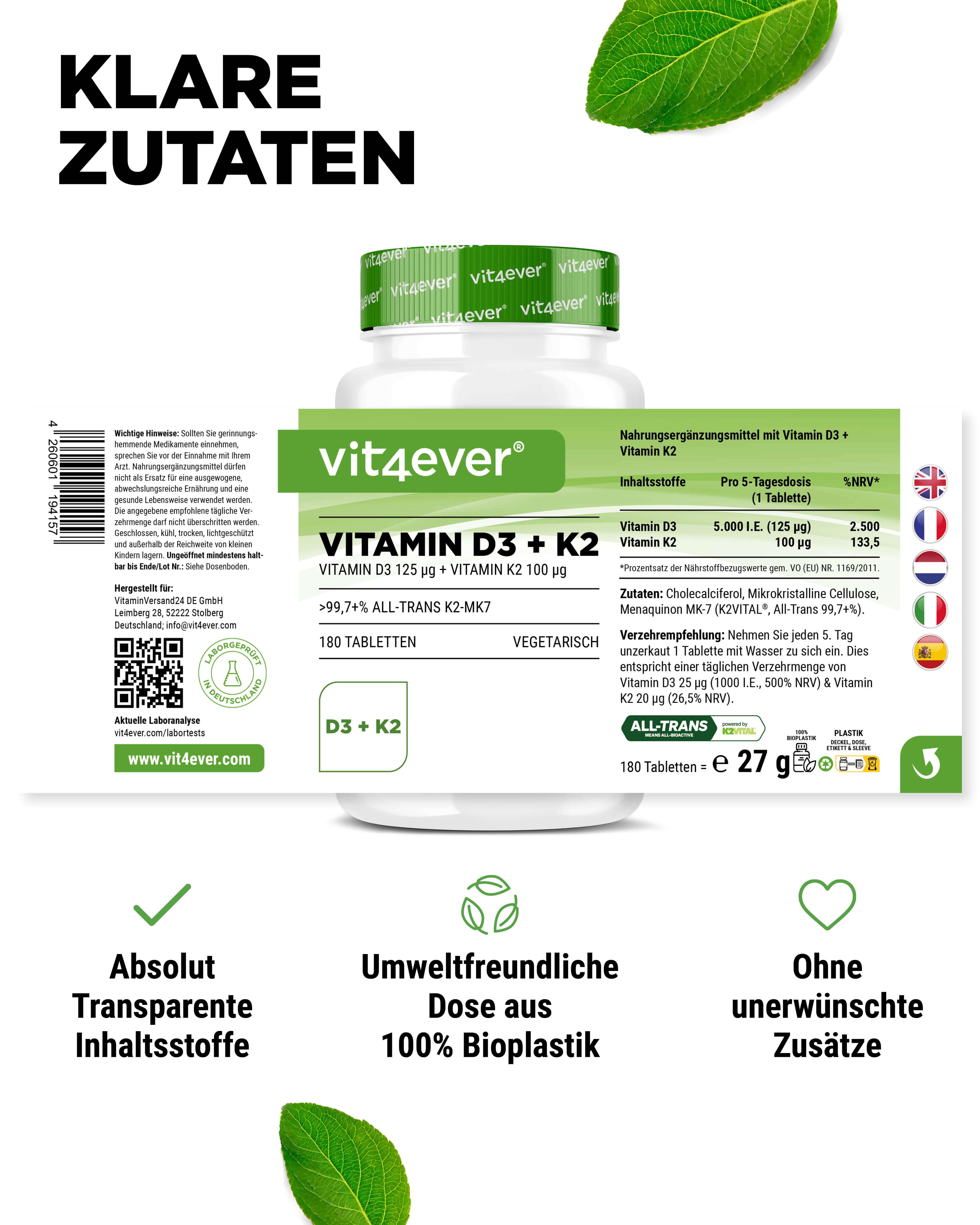 Flasche vit4ever Vitamin D3 + K2. Text: Klare Zutaten. Etikett mit Nährwertangaben. 180 Tabletten, vegetarisch.
