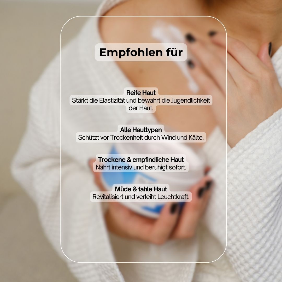 Frau mit Creme auf der Brust. Text: Reife Haut, Alle Hauttypen, Trockene & empfindliche Haut, Müde & fahle Haut.