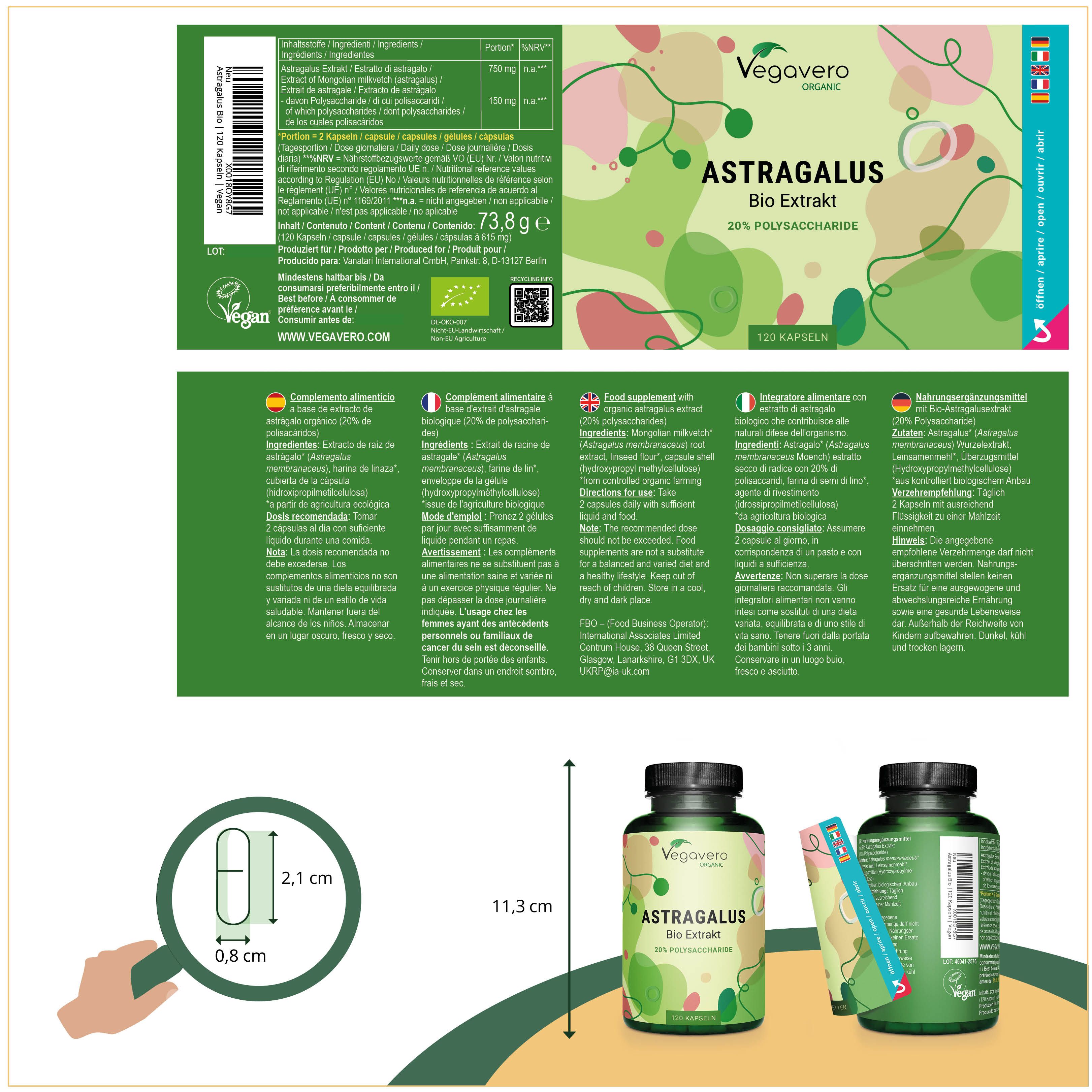 Produktverpackung mit Etikett und Kapsel-Abbildung. Enthält Informationen zu Inhaltsstoffen, Nährwerten und Zertifizierungen. Marke: Vegavero.