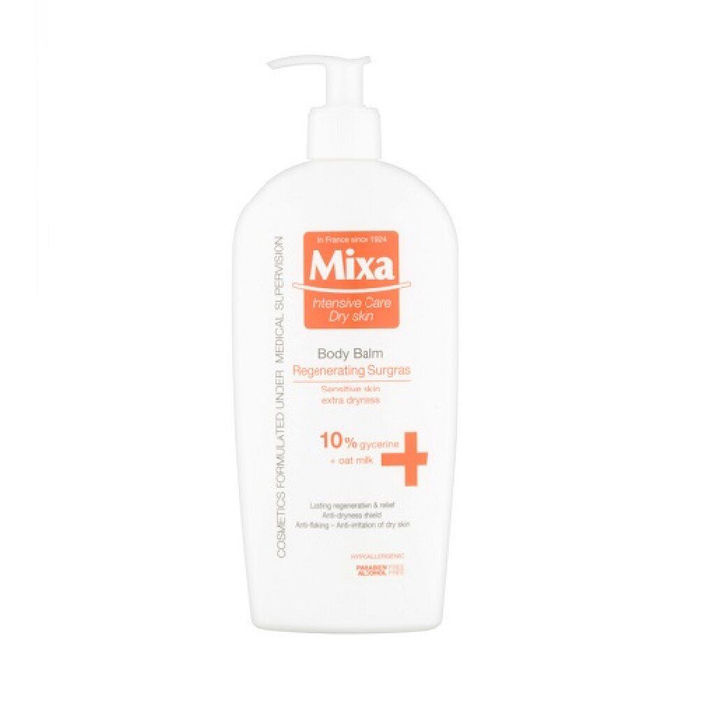 Weiße Flasche Mixa Body Balm Regenerating Surgras. Mit 10% Glycerin und Hafermilch. Pumpverschluss. Orangefarbenes Logo.