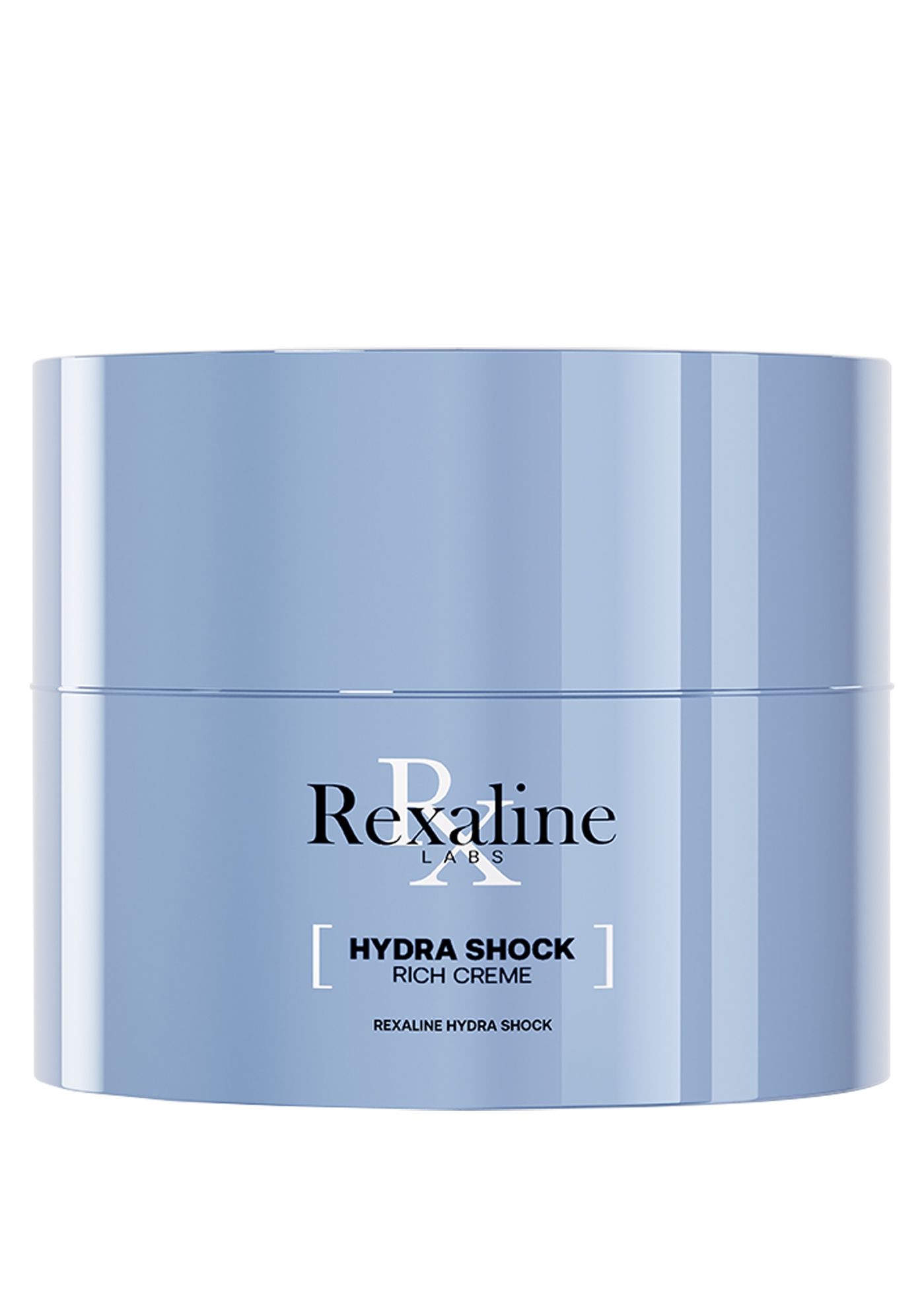 Hellblaue Creme-Dose mit weißer Schrift: Rexaline Labs, Hydra Shock Rich Creme.
