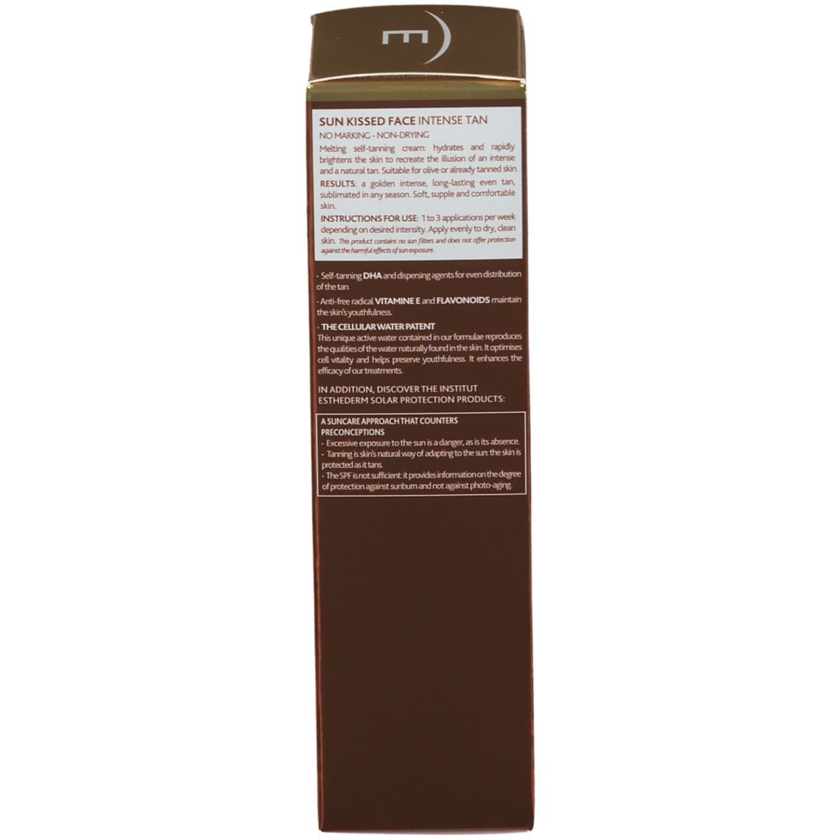 Seite der Schachtel. Text: SUN KISSED SELF-TANNING FACE CARE. Anwendungshinweise. NAOS Logo. Inhaltsstoffe.