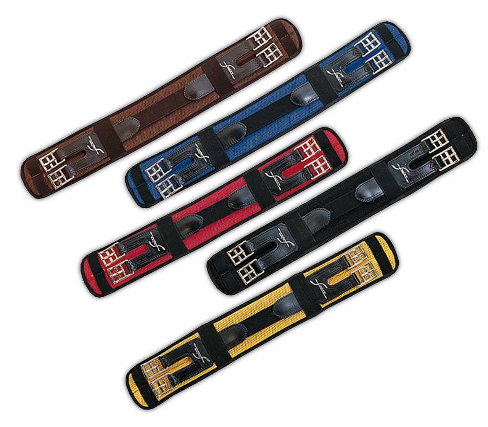 Sechs Sattelgurte in verschiedenen Farben: Braun, Blau, Rot, Schwarz und Gelb. Alle haben Schnallen und Leder.