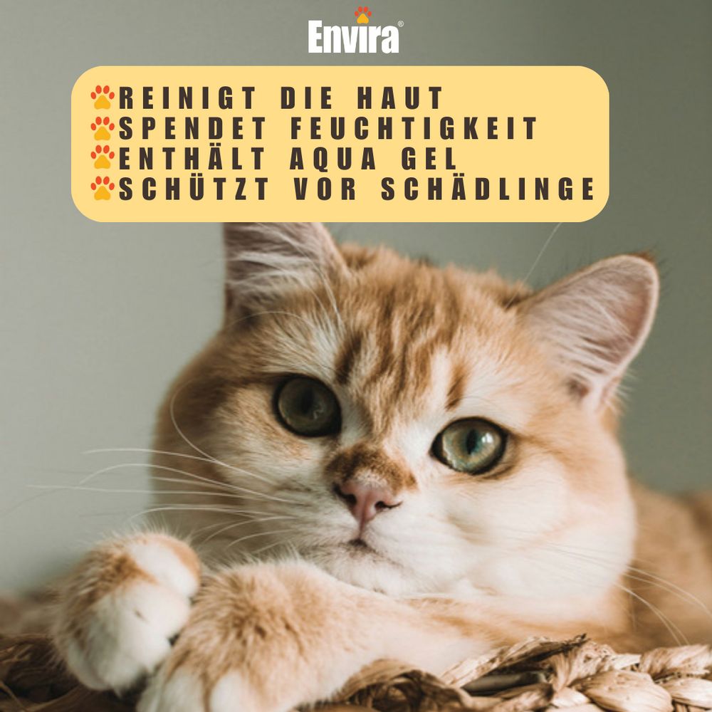 Katze in einem Korb. Text: Reinigt die Haut, spendet Feuchtigkeit, enthält Aqua Gel, schützt vor Schädlingen. ENVIRA Logo.