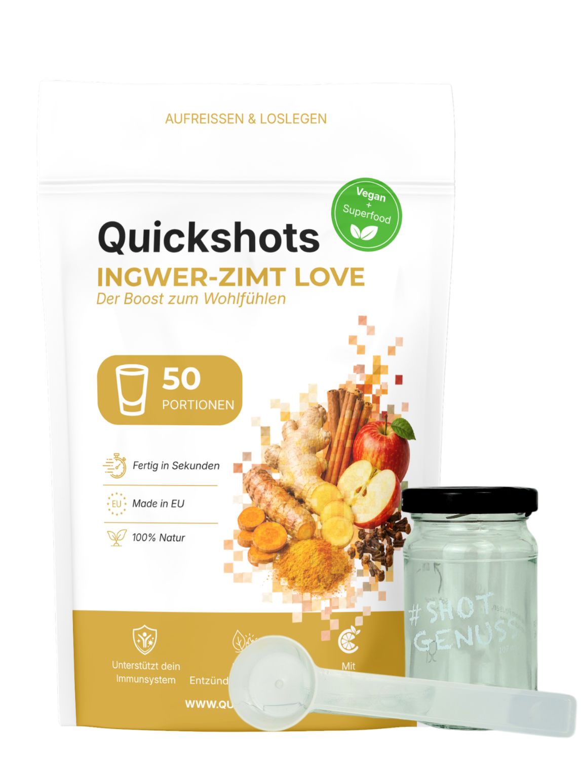 Quickshots INGWER-ZIMT LOVE Beutel mit Ingwer, Zimt und Apfel. Enthält 50 Portionen. Vegan und Superfood.