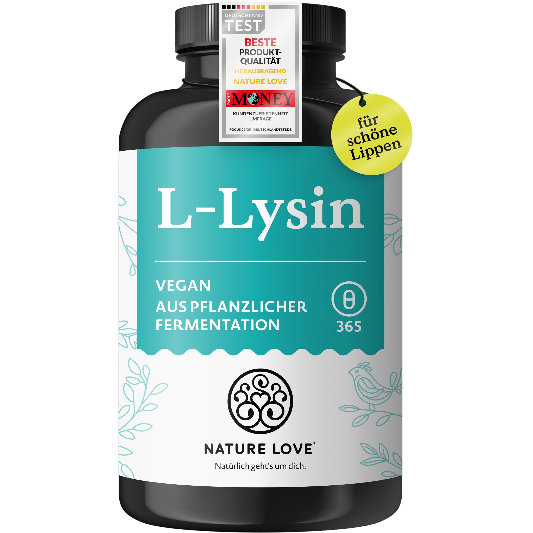 Flasche L-Lysin Nahrungsergänzungsmittel, vegan, aus pflanzlicher Fermentation. Siegel: Deutschland Test, Beste Produktqualität.