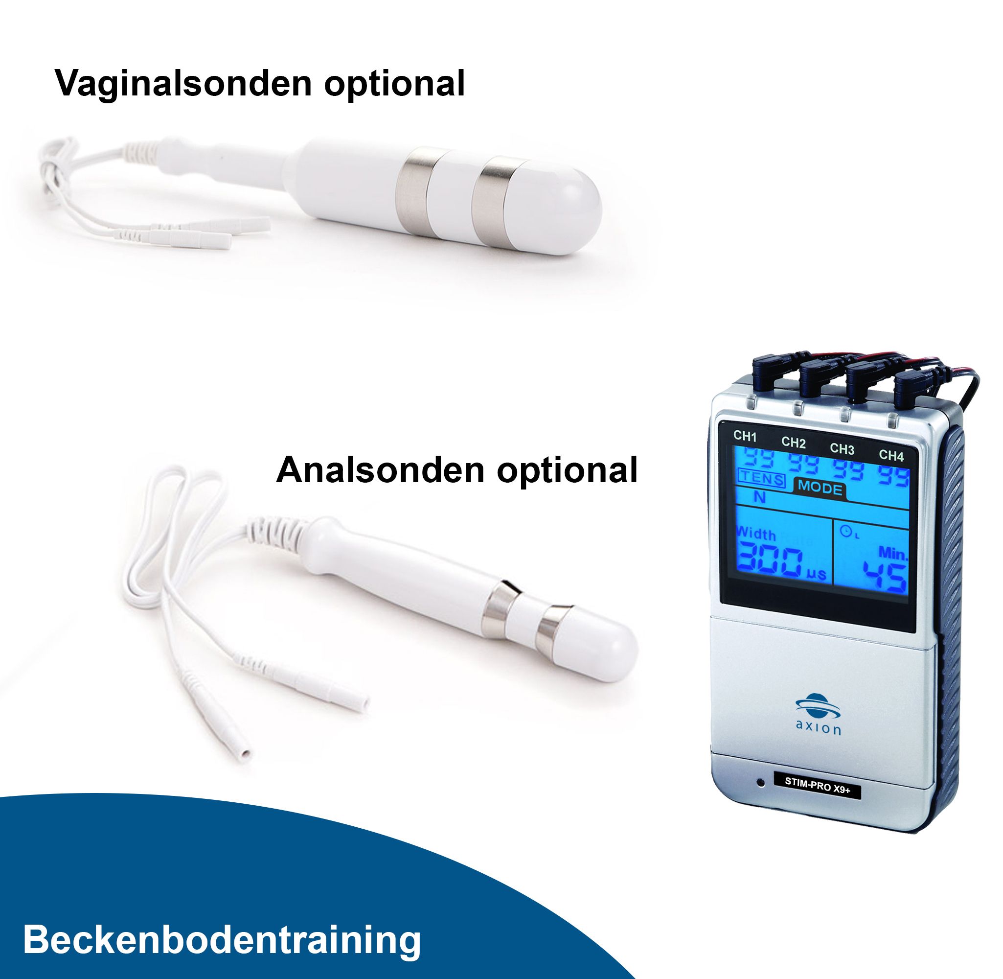 TENS/EMS-Gerät und optionales Zubehör: Vaginal- und Analsonden. Gerät mit Display.