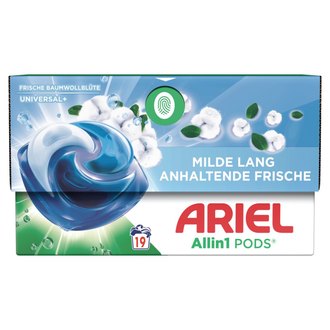 Ariel All-in-1 PODS Baumwollblüte Waschkapseln. Verpackung mit 19 Kapseln. Blaue und weiße Kapsel im Vordergrund. Text: Milde, lang anhaltende Frische.