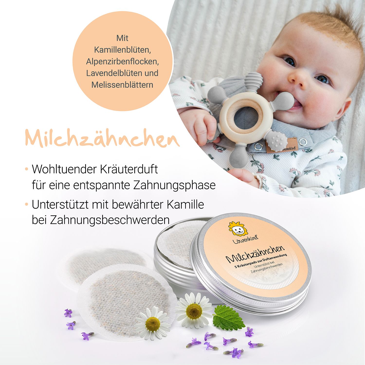 Runde Metalldose mit Kräuterpad. Aufschrift: LÖWENKIND Milchzähnchen. 3 Pads. Baby mit Beißring. Kräuter und Blütenblätter.