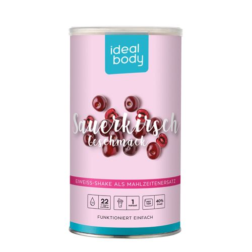 Rosa Dose mit "SAUERKIRSCHE" und "Ideal Body" Logo. Text: "Eiweiß-Shake als Mahlzeitenersatz".