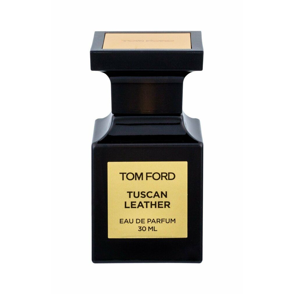Schwarzer Flakon mit goldfarbenem Etikett. Aufschrift: TOM FORD TUSCAN LEATHER. Eau de Parfum. 30 ml.