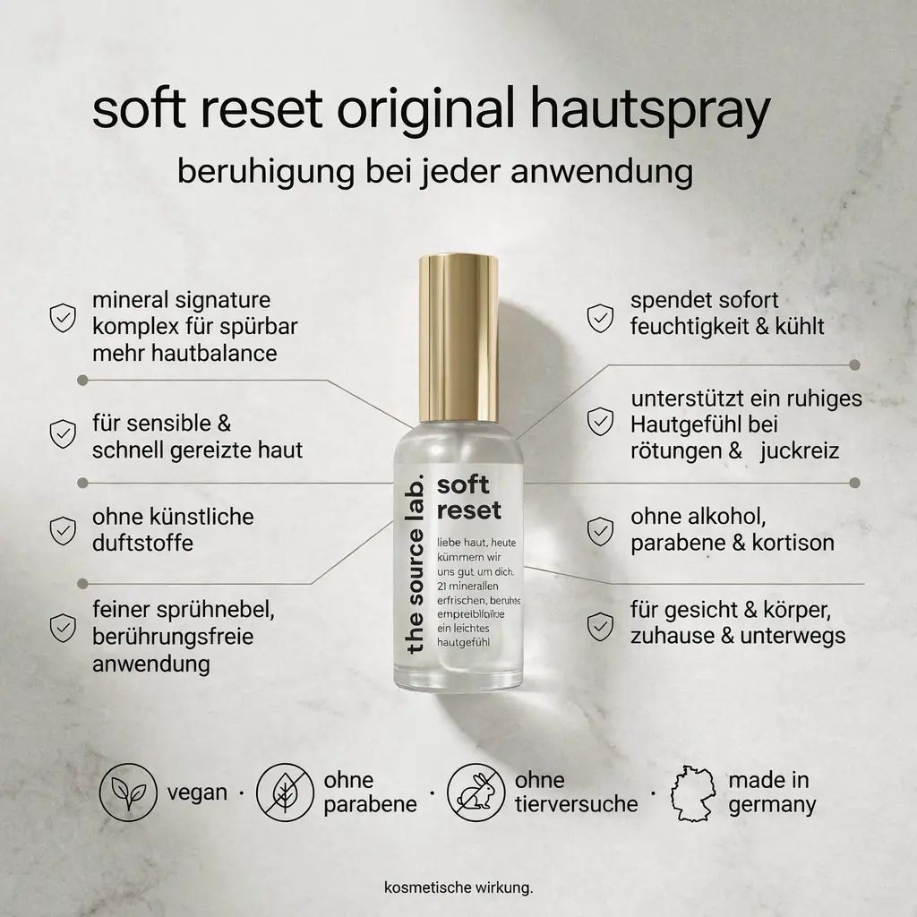 Hautspray-Flasche mit goldfarbenem Deckel. Text: soft reset, the source lab. Zusätzliche Informationen über Inhaltsstoffe und Eigenschaften.