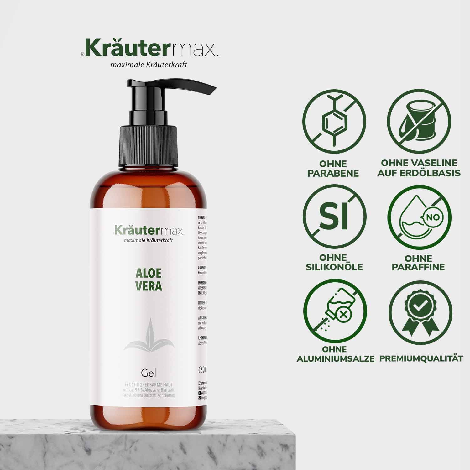 Kräutermax Aloe Vera Gel Flasche mit Symbolen für Inhaltsstofffreiheit und Premiumqualität.