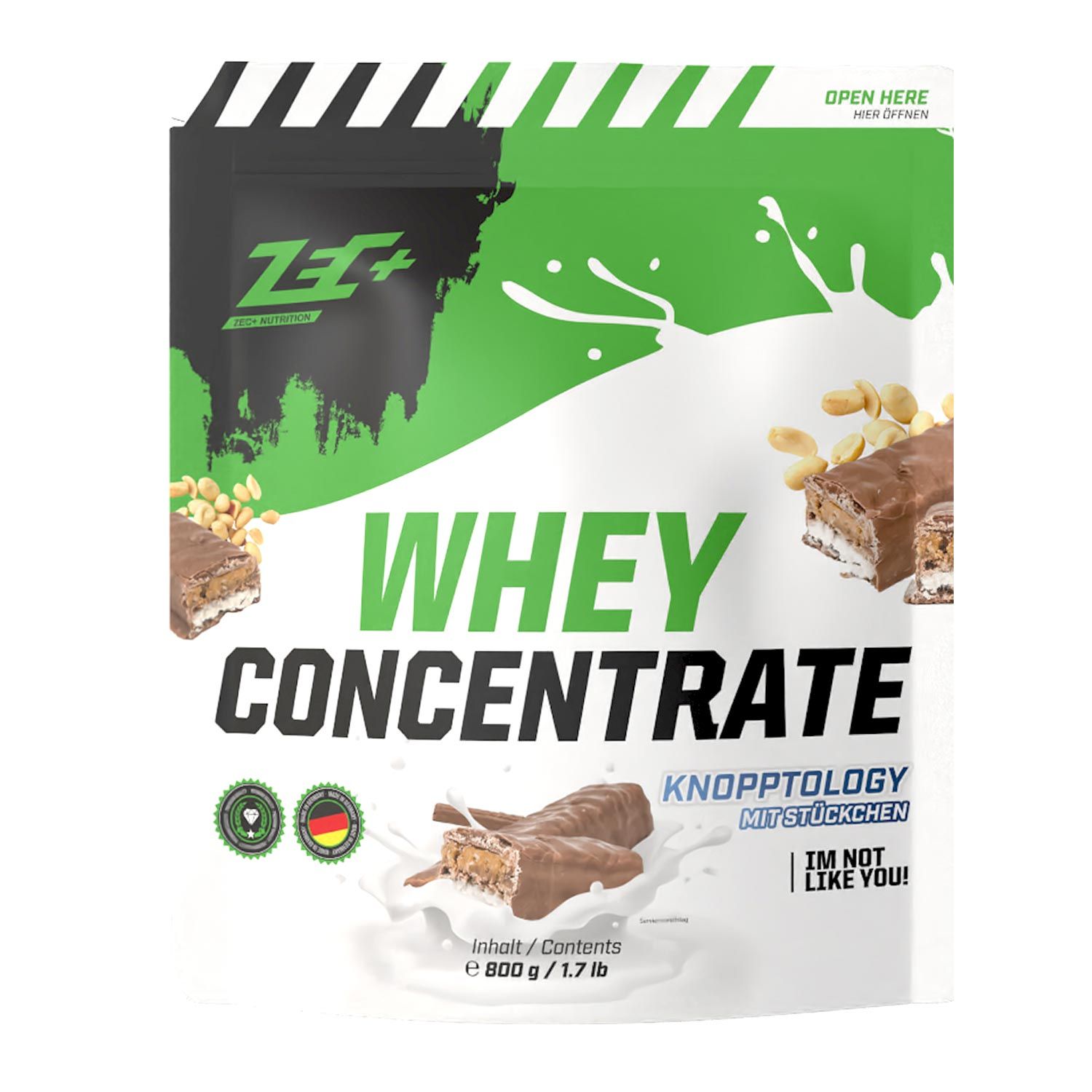 Beutel mit ZEC+ Whey Concentrate Knopptology. Grün-weißes Design mit Produktabbildungen und Text. Enthält 800g.