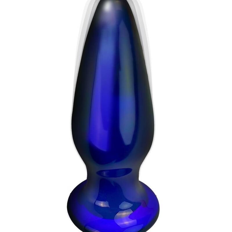Blauer Glas-Analplug. Kegelförmig mit rundem Kopf und Basis. Glänzende Oberfläche.