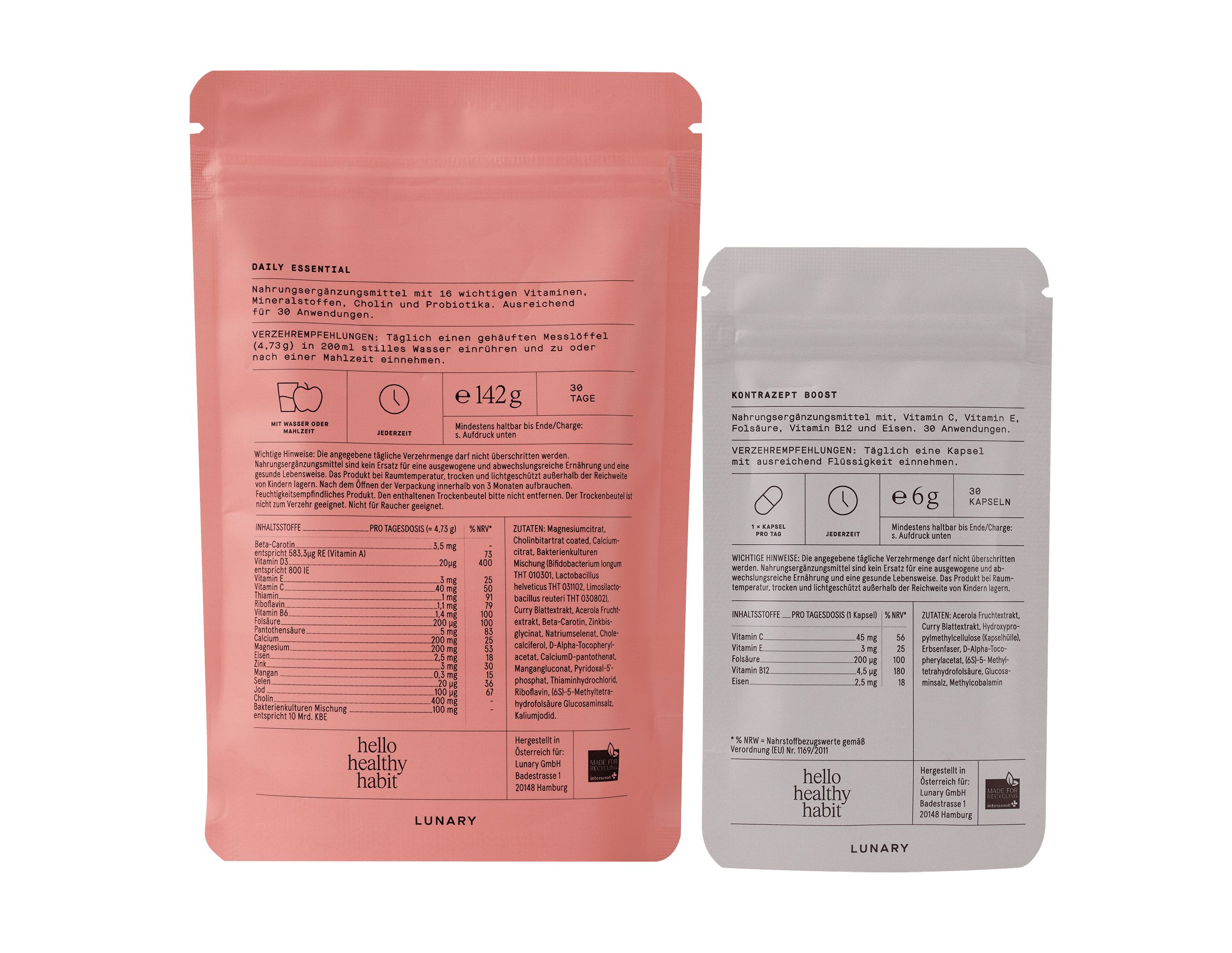 LUNARY Kontrazept Boost Set - für Frauen bei hormoneller Verhütung, Pulver + Kapseln für 30 Tage