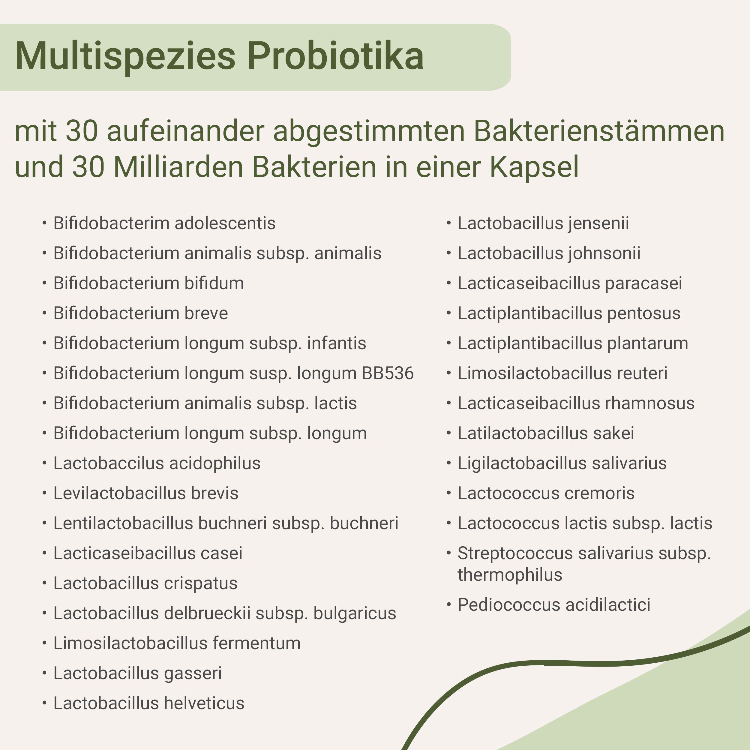 Liste mit 30 Bakterienstämmen. Aufschrift: Multispezies Probiotika mit 30 aufeinander abgestimmten Bakterienstämmen und 30 Milliarden Bakterien in einer Kapsel.