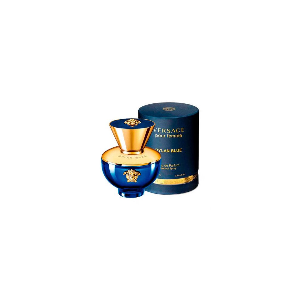 Blauer Flakon und zylindrische Verpackung. Aufschrift 'Versace pour femme Dylan Blue'.