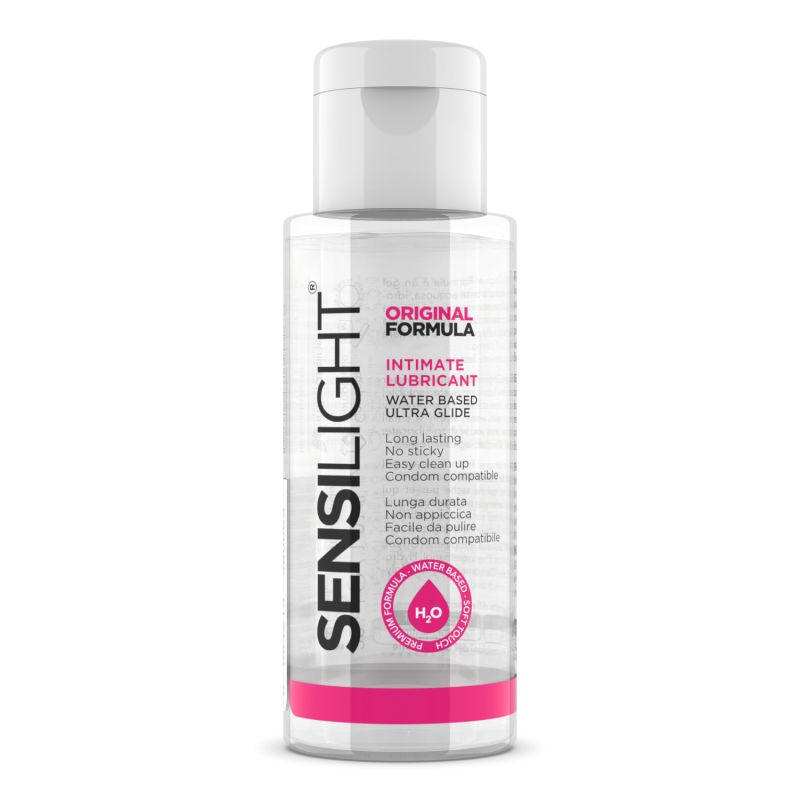 Flasche mit weißem Deckel. Aufschrift: Sensilight, Original Formula, Intimate Lubricant, Water Based Ultra Glide. Rosa Akzent.